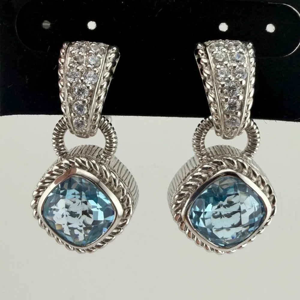 Judith Ripka 925 Sterling Silver Blue Topaz CZ Drop Earrings Fleur-de-Lis